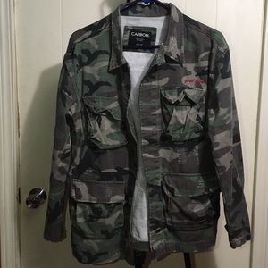 Rue21 Camo Distressed Bomber Jacket